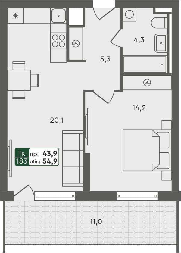 1-комн. квартира, 54.9 м², 2 из 5 этаж квартира