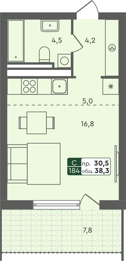 Студия квартира, 38.3 м², 2 из 5 этаж квартира