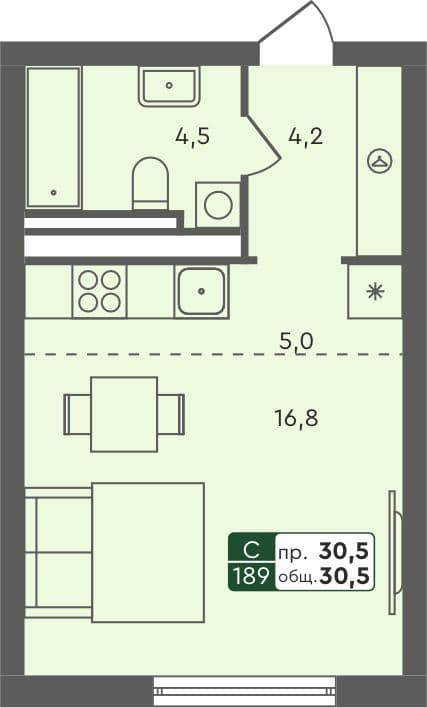 Студия квартира, 30.5 м², 3 из 5 этаж Планировка