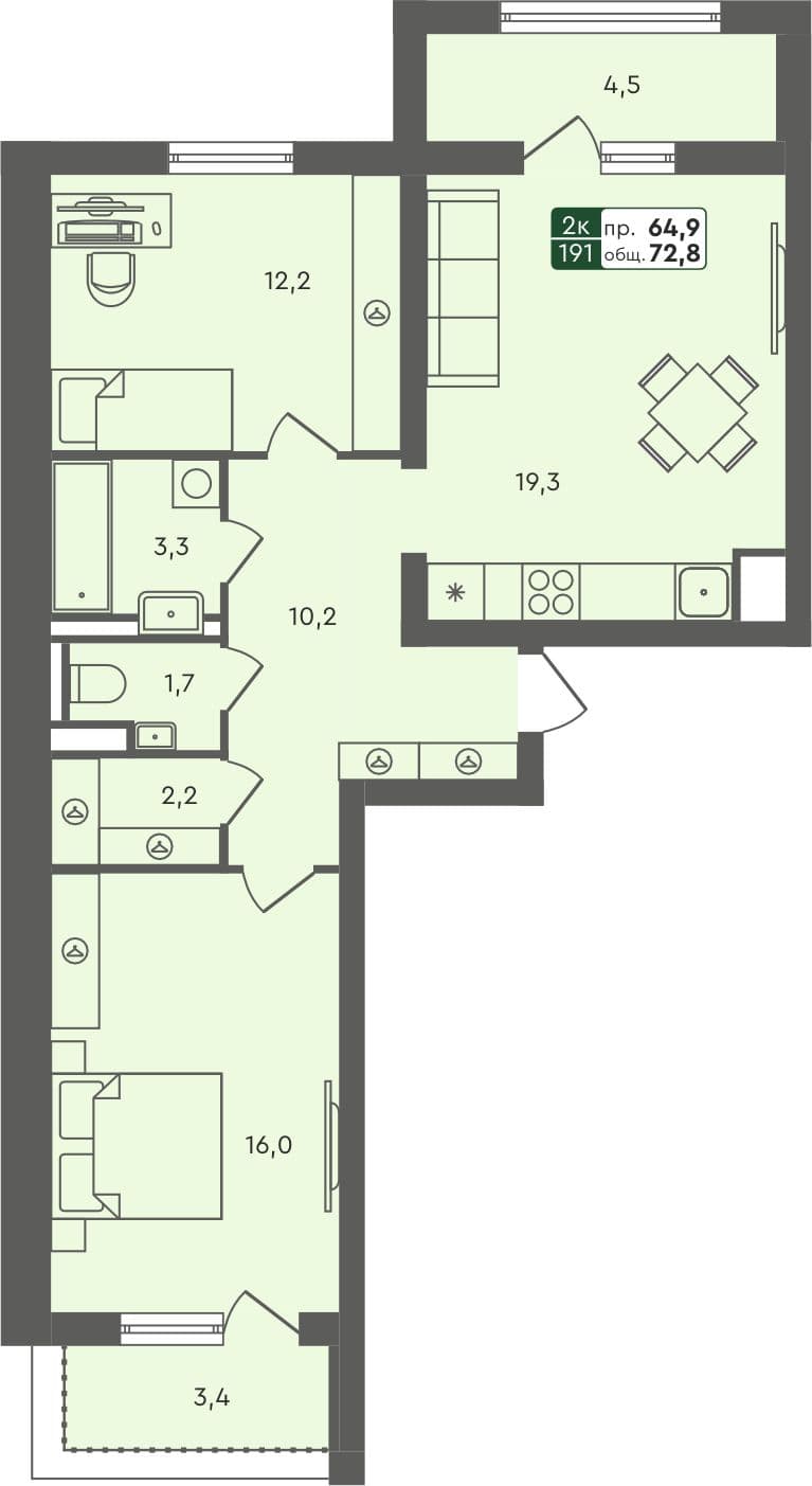 2-комн. квартира, 72.8 м², 3 из 5 этаж квартира