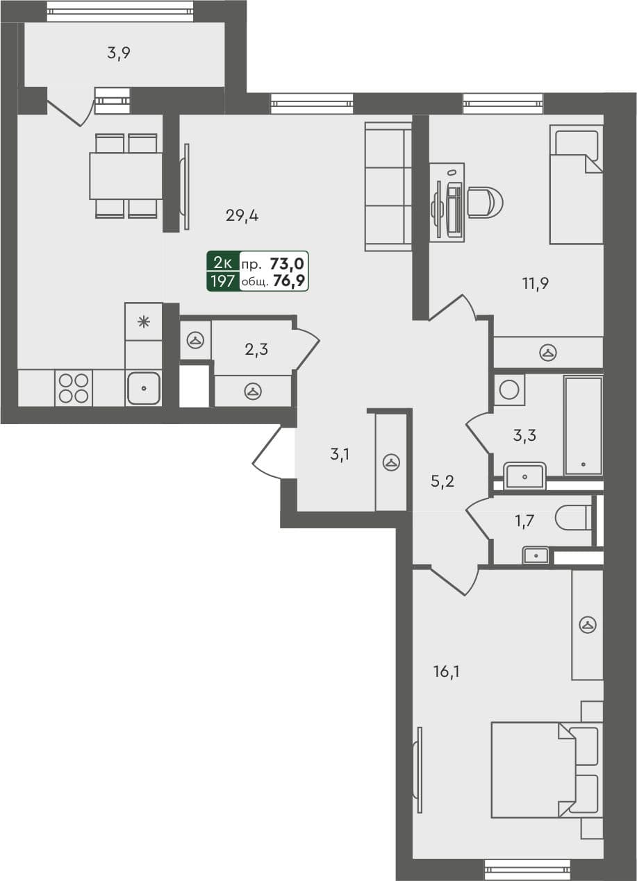 2-комн. квартира, 76.9 м², 5 из 5 этаж квартира