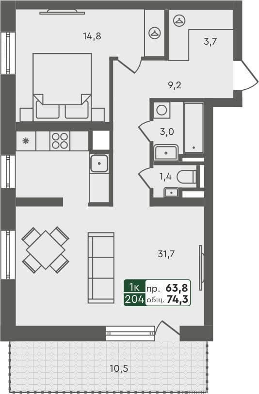 1-комн. квартира, 74.3 м², 2 из 5 этаж Планировка
