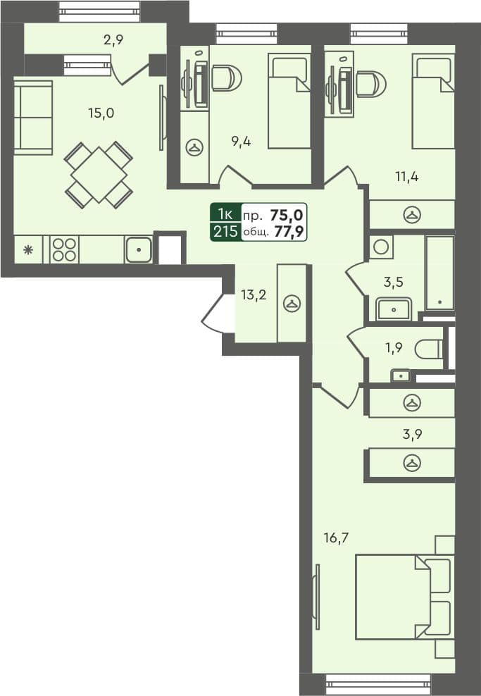 3-комн. квартира, 77.9 м², 4 из 5 этаж Планировка