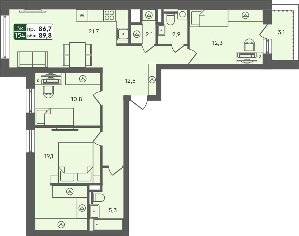 3-комн. квартира, 89.8 м², 2 из 5 этаж квартира