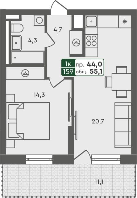1-комн. квартира, 55.1 м², 2 из 5 этаж квартира