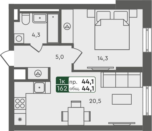 1-комн. квартира, 44.1 м², 3 из 5 этаж квартира