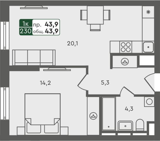 1-комн. квартира, 43.9 м², 2 из 6 этаж Планировка