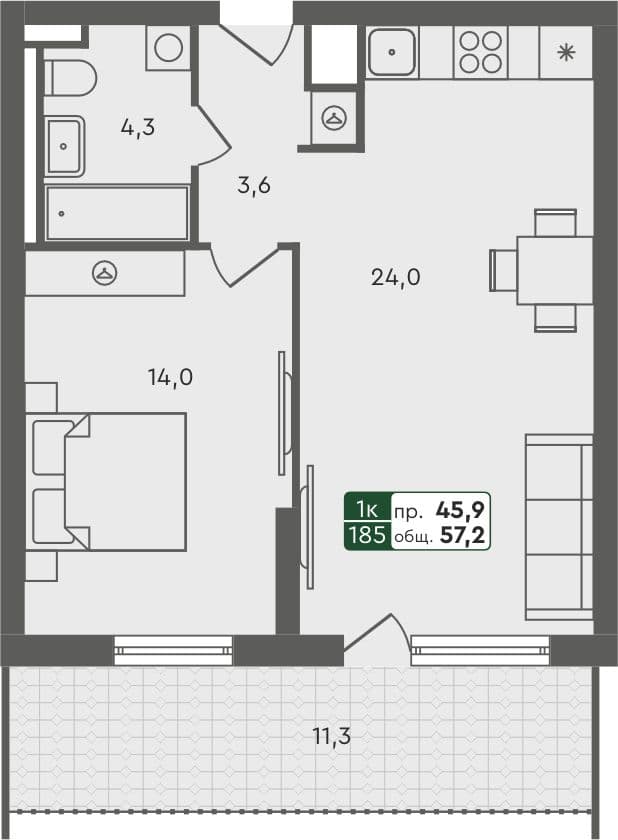 1-комн. квартира, 57.2 м², 2 из 5 этаж квартира