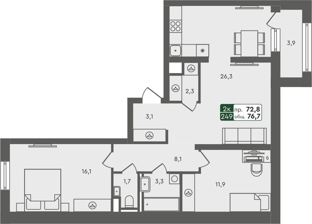 2-комн. квартира, 76.7 м², 6 из 6 этаж Планировка
