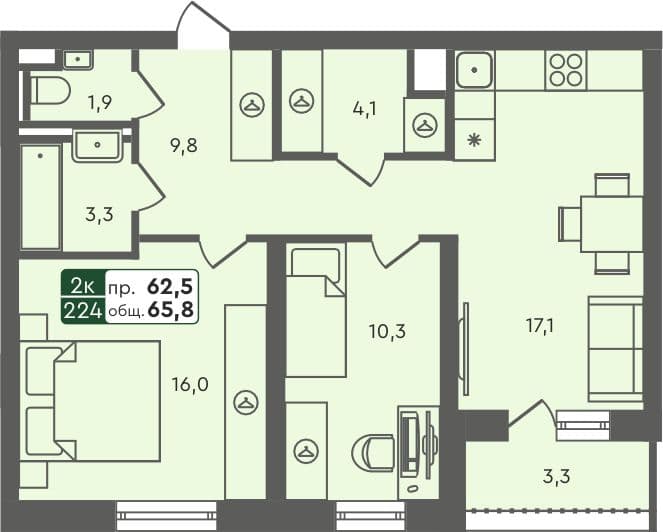2-комн. квартира, 65.8 м², 5 из 5 этаж квартира