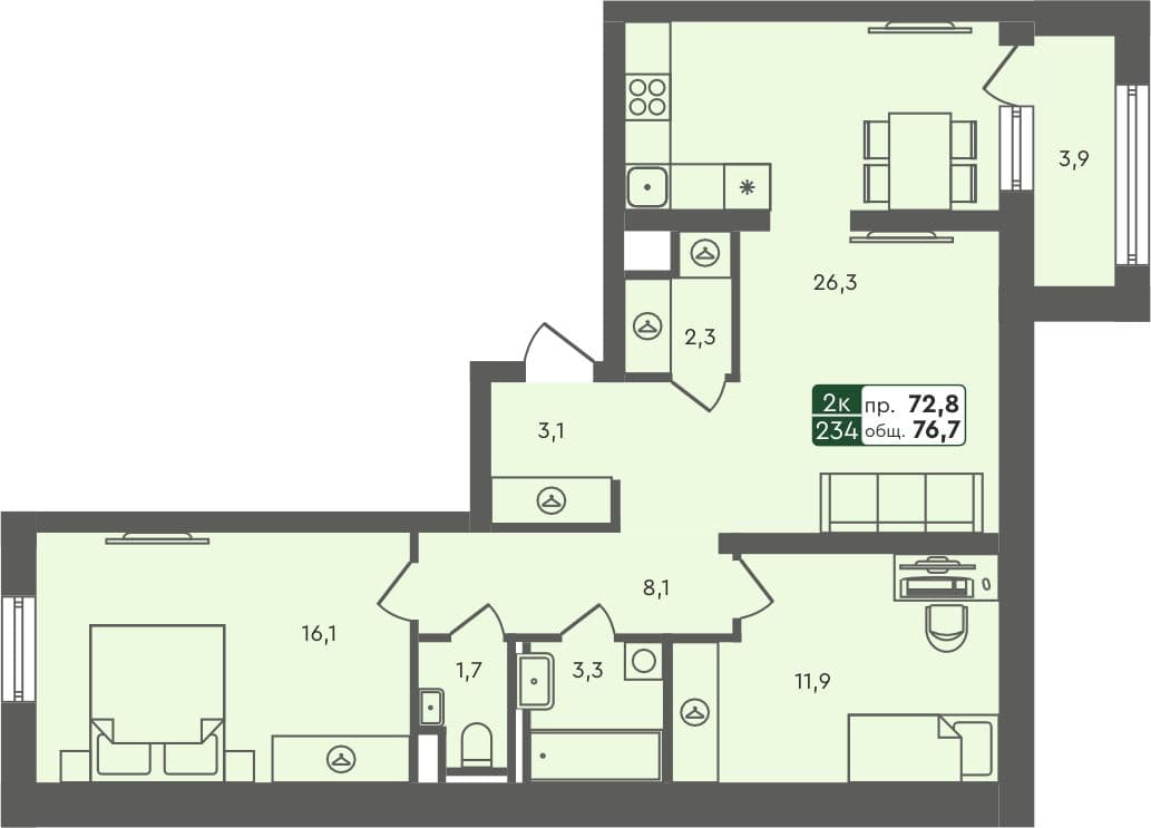 2-комн. квартира, 76.7 м², 3 из 6 этаж квартира