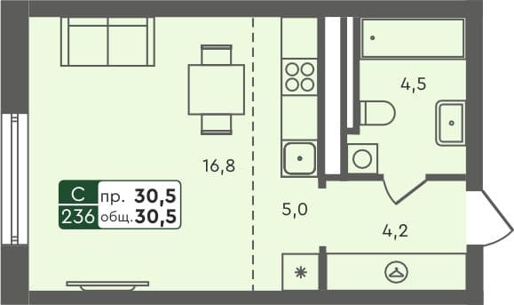 Студия квартира, 30.5 м², 3 из 6 этаж Планировка