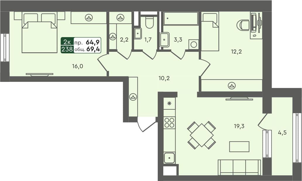 2-комн. квартира, 69.4 м², 3 из 6 этаж Планировка