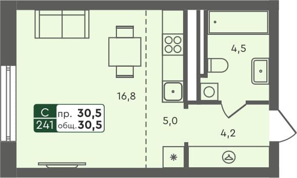 Студия квартира, 30.5 м², 4 из 6 этаж Планировка