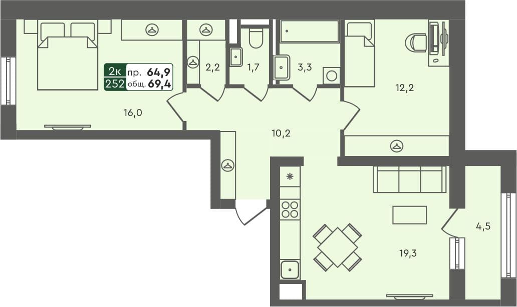 2-комн. квартира, 69.4 м², 6 из 6 этаж квартира