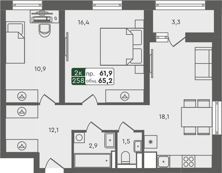 2-комн. квартира, 65.2 м², 2 из 7 этаж квартира