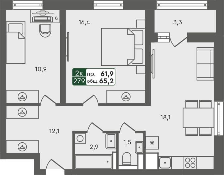 2-комн. квартира, 65.2 м², 5 из 7 этаж квартира