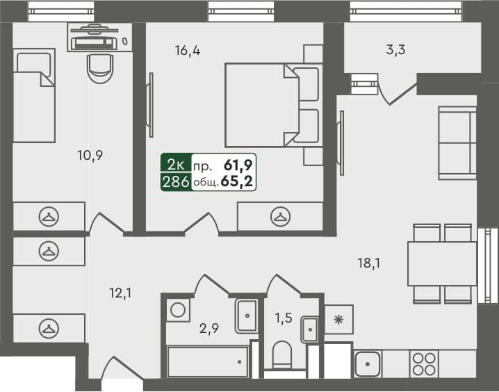 2-комн. квартира, 65.2 м², 6 из 7 этаж квартира