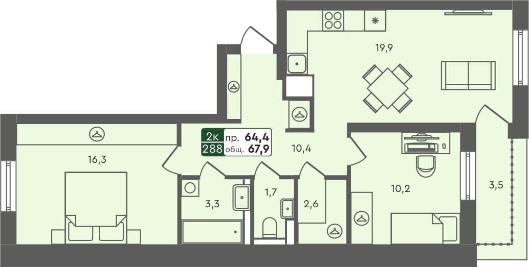 2-комн. квартира, 67.9 м², 7 из 7 этаж квартира