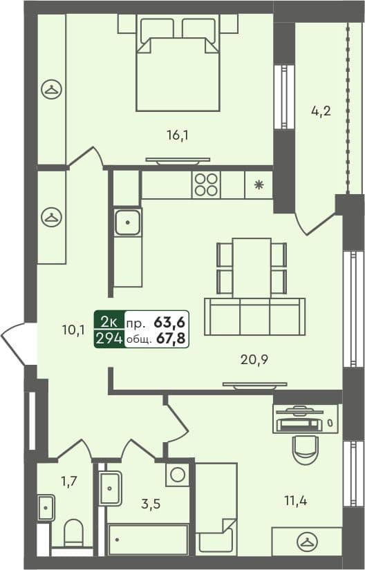 2-комн. квартира, 67.8 м², 7 из 7 этаж квартира