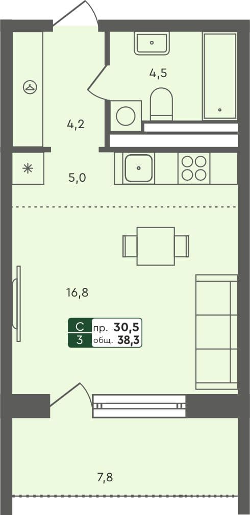 Студия квартира, 38.3 м², 2 из 7 этаж Планировка