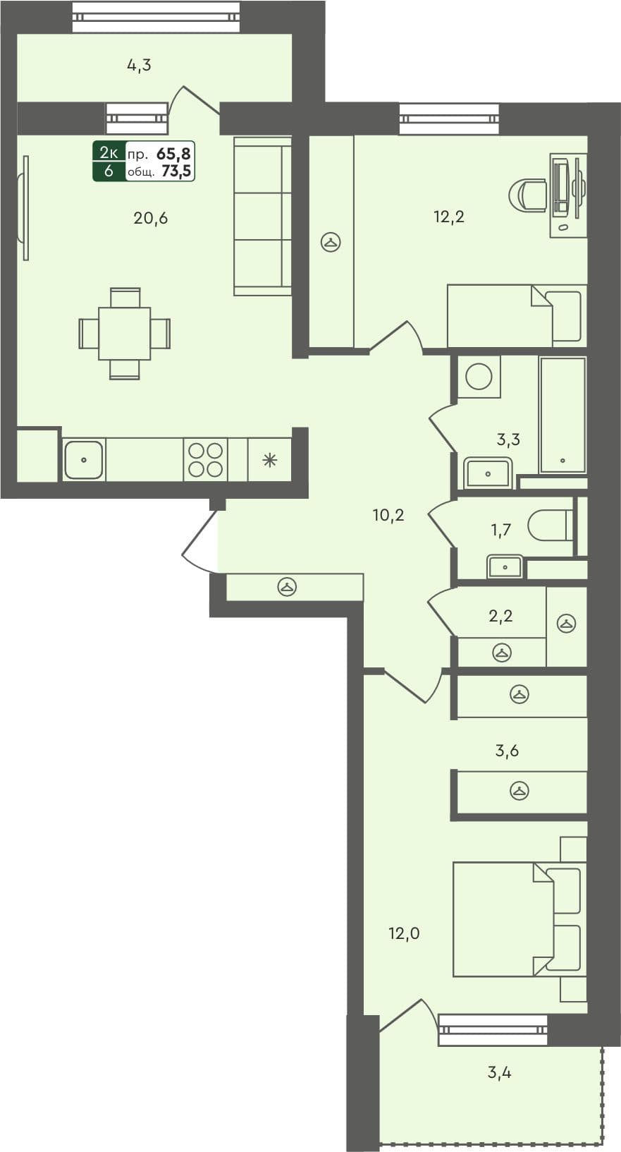 2-комн. квартира, 73.5 м², 3 из 7 этаж квартира