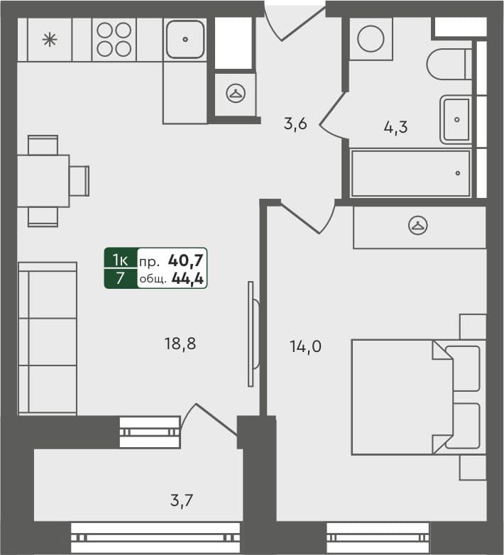 1-комн. квартира, 44.4 м², 3 из 7 этаж квартира