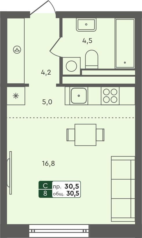Студия квартира, 30.5 м², 3 из 7 этаж Планировка