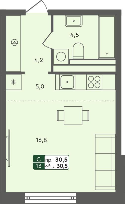 Студия квартира, 30.5 м², 4 из 7 этаж Планировка