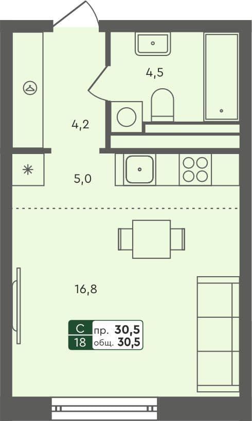 Студия квартира, 30.5 м², 5 из 7 этаж Планировка
