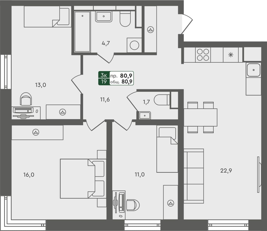 3-комн. квартира, 80.9 м², 5 из 7 этаж квартира