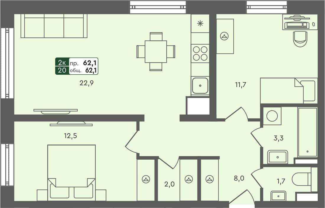 2-комн. квартира, 62.1 м², 5 из 7 этаж Планировка