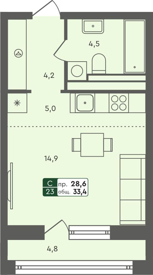 Студия квартира, 33.4 м², 6 из 7 этаж Планировка