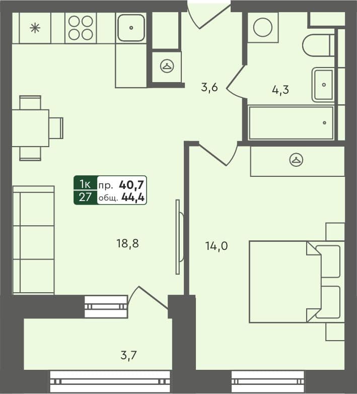 1-комн. квартира, 44.4 м², 7 из 7 этаж Планировка