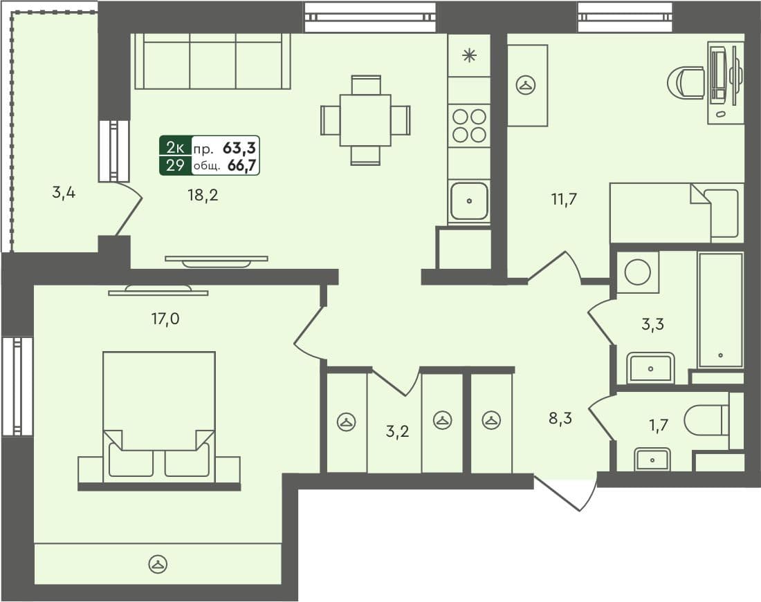 2-комн. квартира, 66.7 м², 7 из 7 этаж Планировка