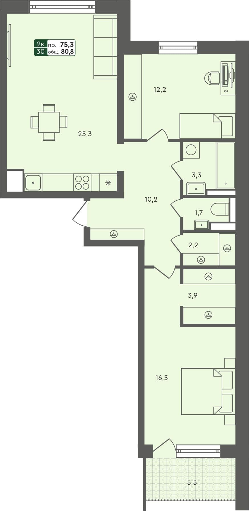 2-комн. квартира, 80.8 м², 2 из 7 этаж Планировка