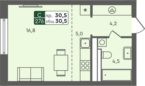Студия квартира, 30.5 м², 5 из 7 этаж Планировка
