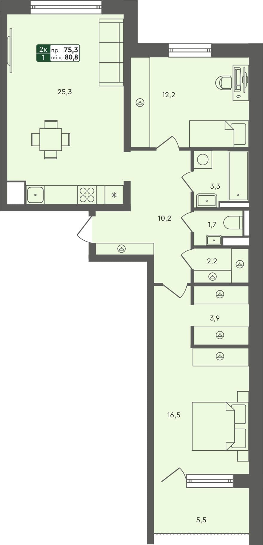 2-комн. квартира, 80.8 м², 2 из 7 этаж квартира