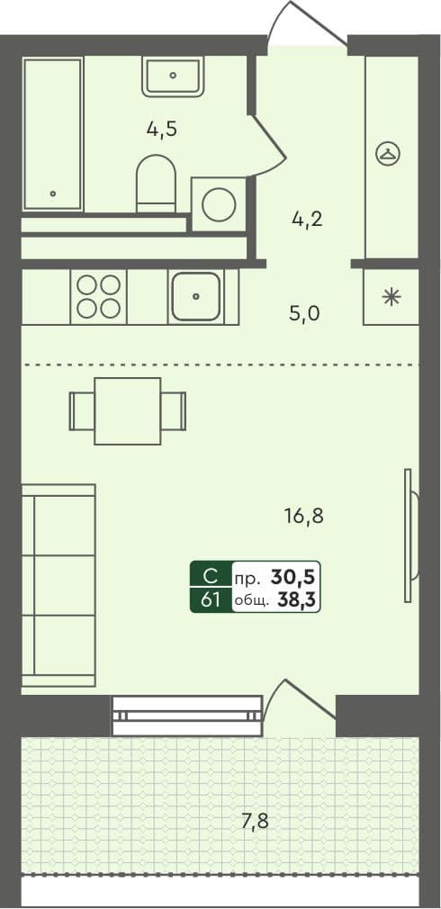 Студия квартира, 38.3 м², 2 из 7 этаж Планировка