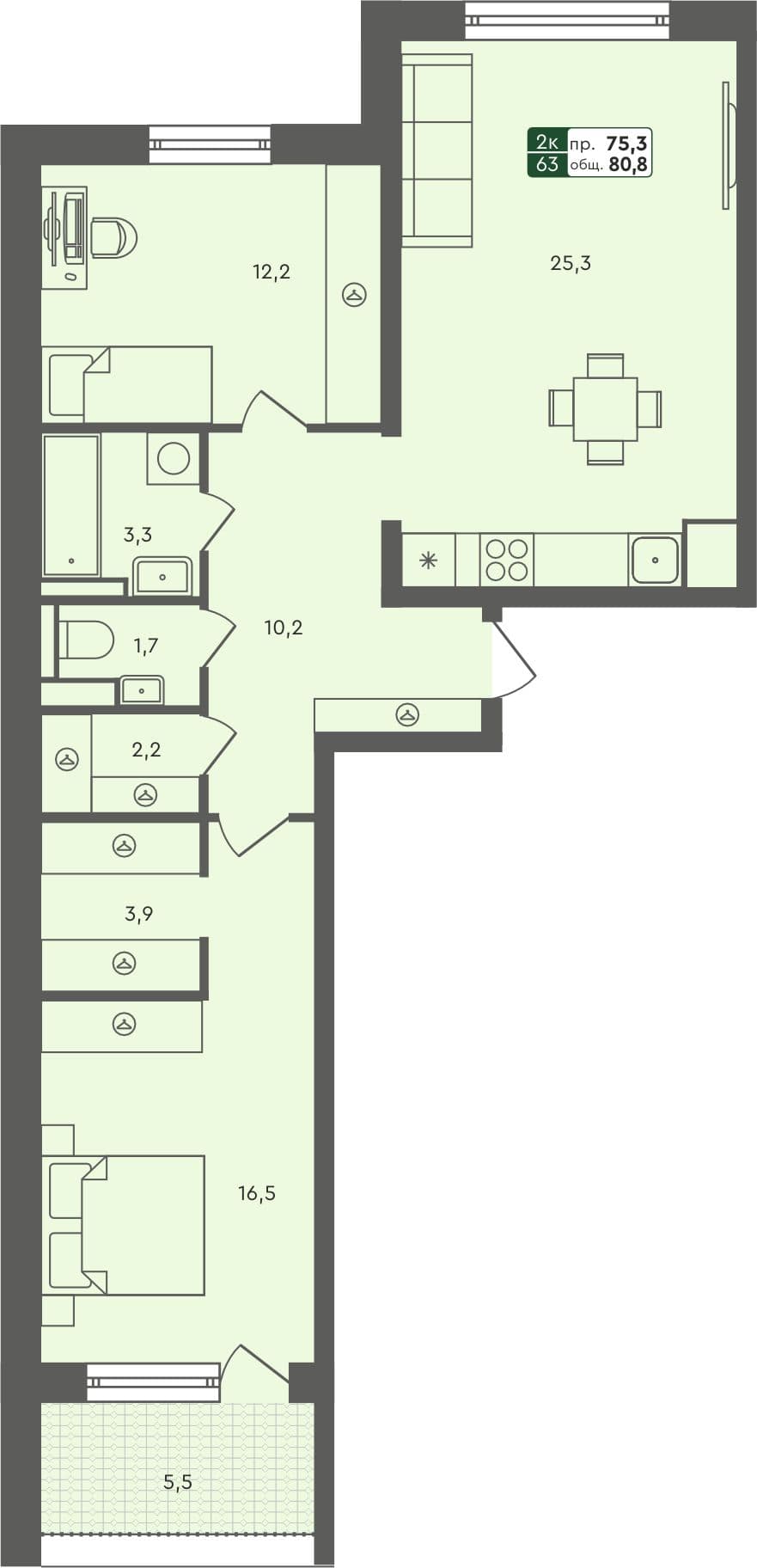 2-комн. квартира, 80.8 м², 2 из 7 этаж квартира
