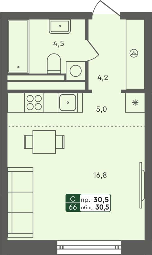 Студия квартира, 30.5 м², 3 из 7 этаж Планировка