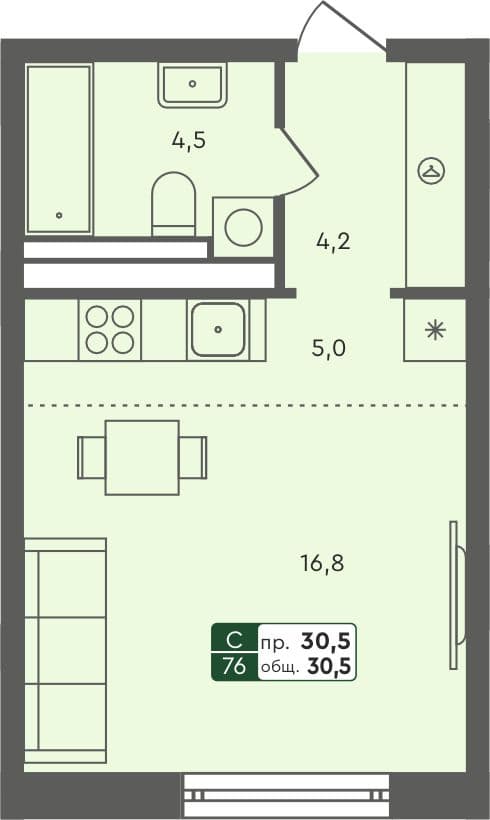Студия квартира, 30.5 м², 5 из 7 этаж квартира
