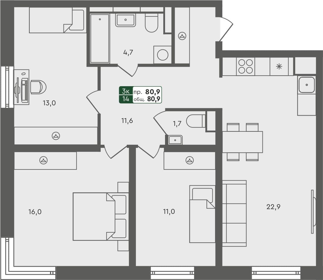 3-комн. квартира, 80.9 м², 4 из 7 этаж квартира