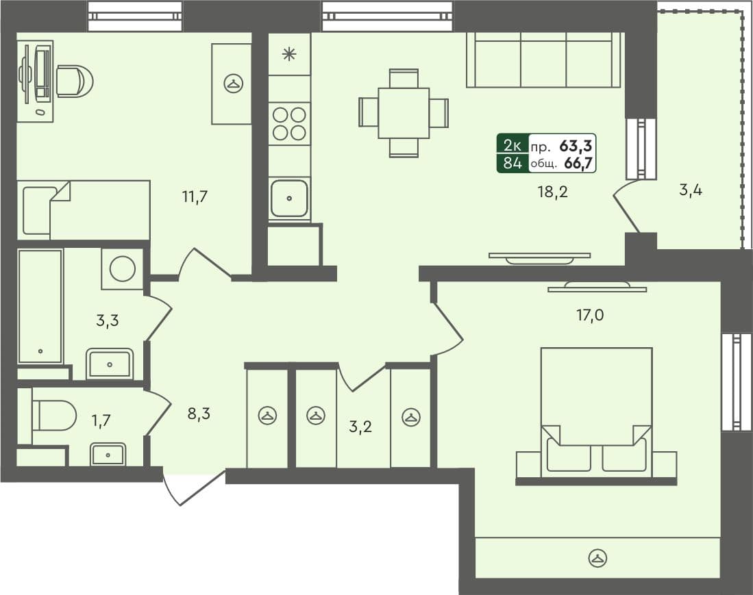 2-комн. квартира, 66.7 м², 7 из 7 этаж квартира