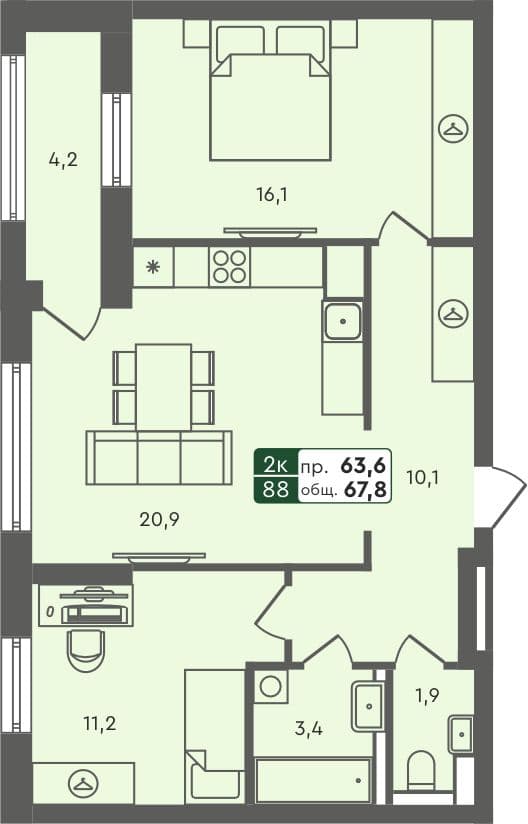 2-комн. квартира, 67.8 м², 2 из 7 этаж квартира