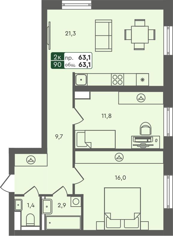2-комн. квартира, 63.1 м², 2 из 7 этаж квартира