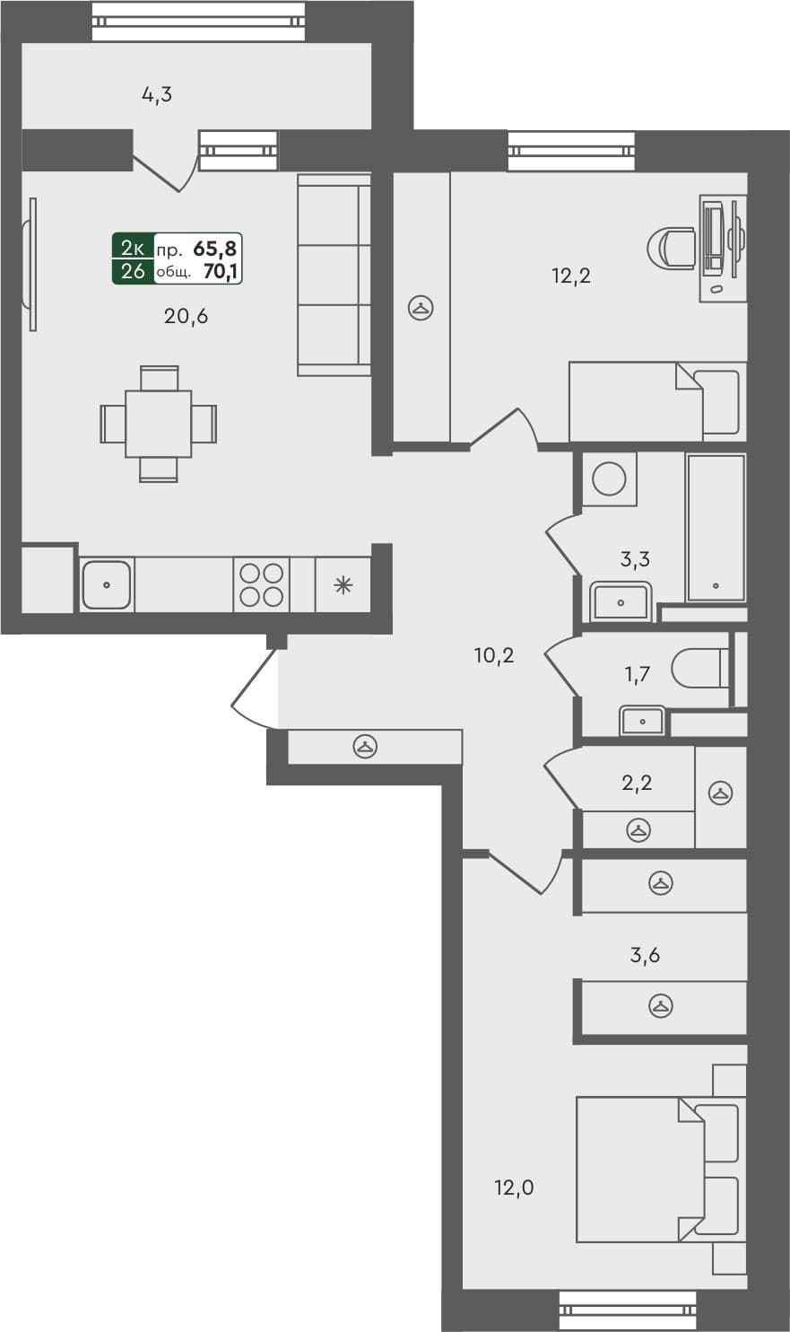2-комн. квартира, 70.1 м², 7 из 7 этаж квартира