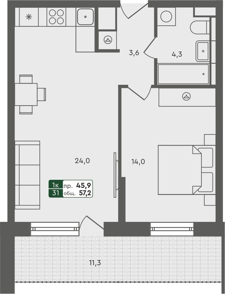 1-комн. квартира, 57.2 м², 2 из 7 этаж квартира