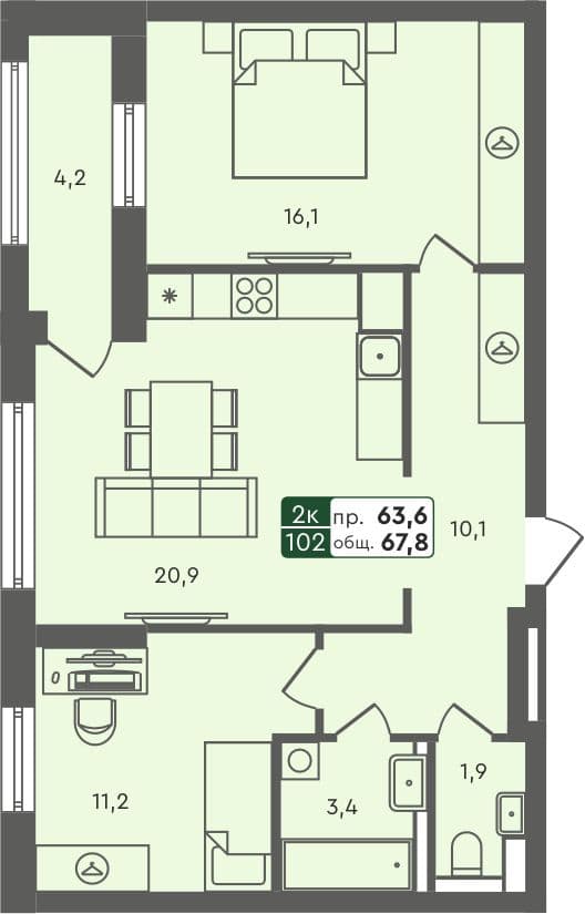 2-комн. квартира, 67.8 м², 4 из 7 этаж Планировка