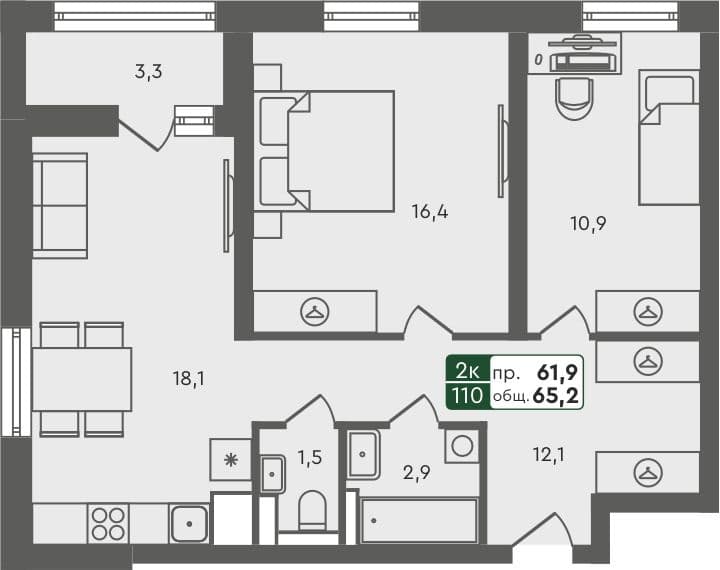 2-комн. квартира, 65.2 м², 5 из 7 этаж Планировка